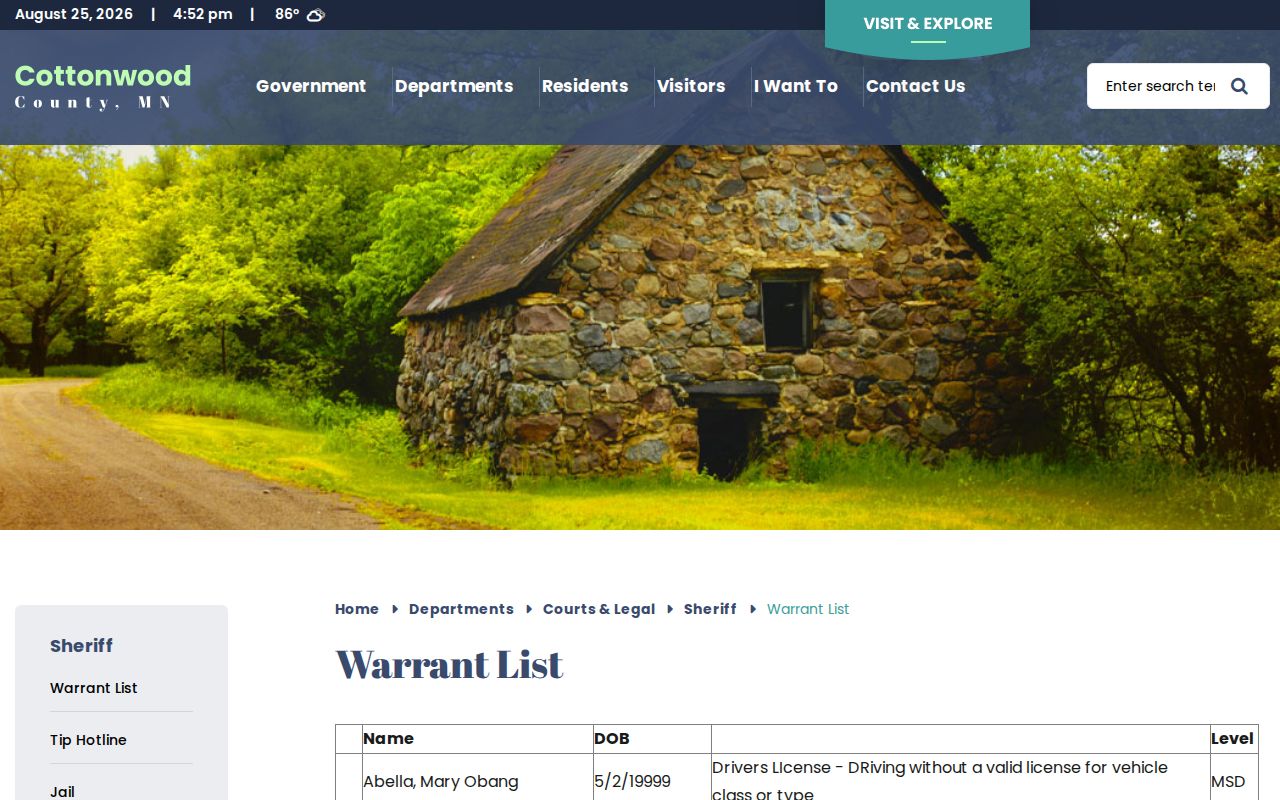 Cottonwood County warrant-list record table from the Sheriff's Office
