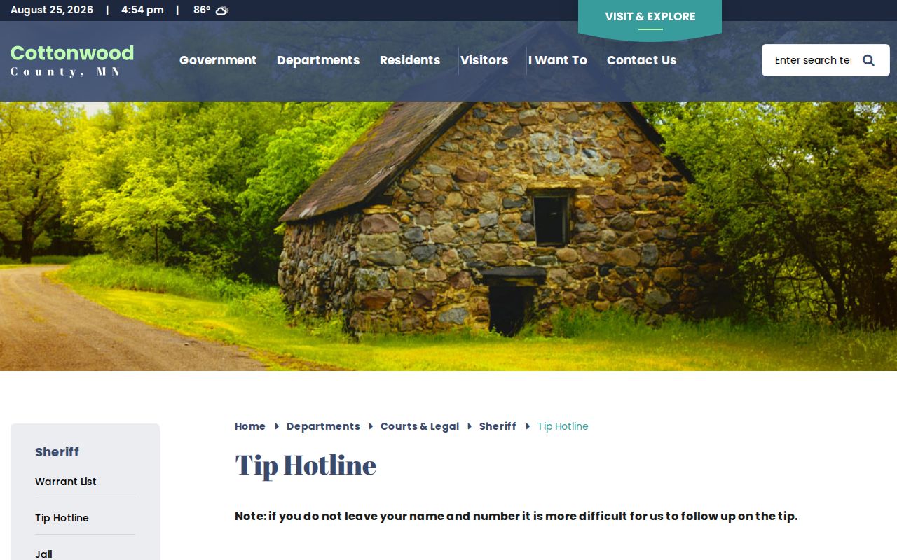 Cottonwood County Sheriff Tip Hotline form for warrant information