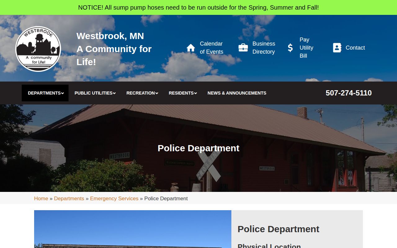 Westbrook Police official page for Cottonwood County police records and dispatch contact information