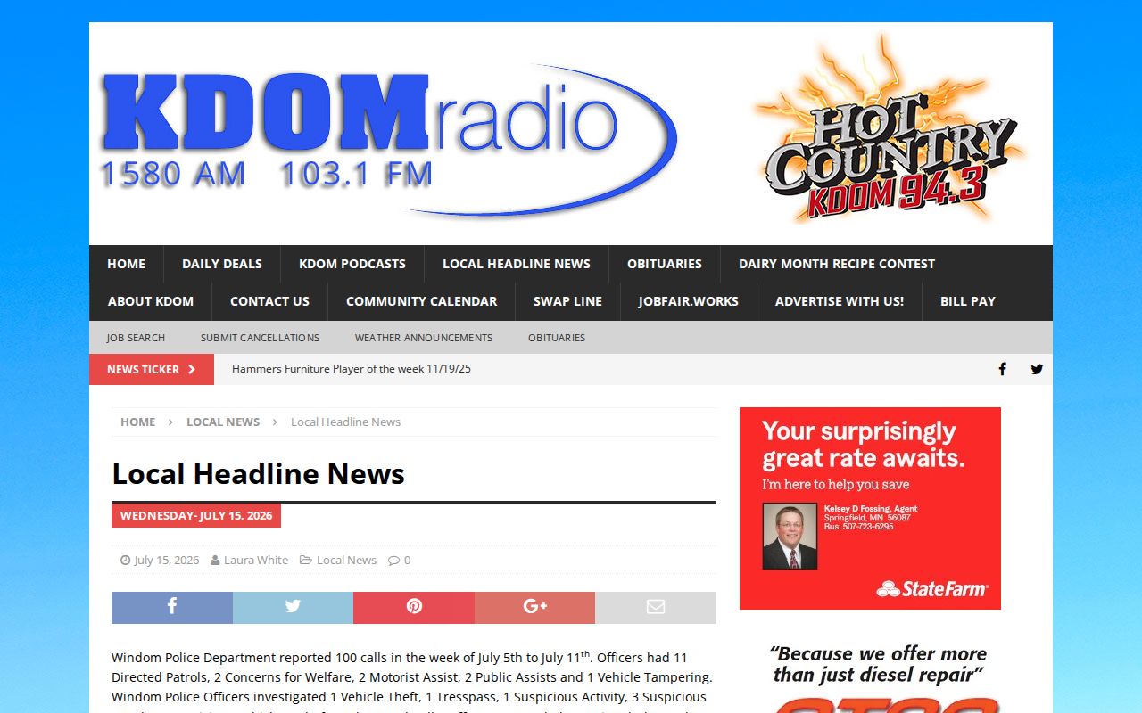 Windom KDOM weekly police activity report, a local context source for Cottonwood County arrest records